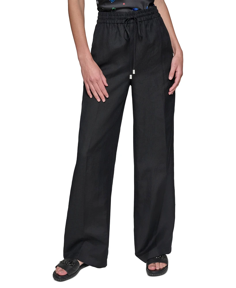 Karl Lagerfeld Paris Women's Linen-Blend Wide-Leg Drawstring Pants, Regular & Petite