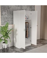 Famapy White 2-Doors Armoire Wardrobe with Hanging Rod and Storage Shelves