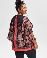 Jm Collection Plus PrintED Wide-Sleeve Top, Exclusively at Macy's