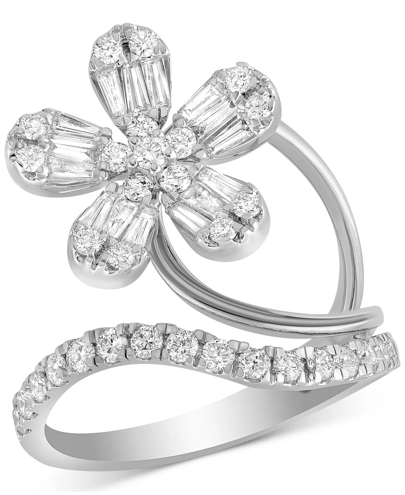 Diamond Round & Baguette Flower Statement Ring (1 ct. t.w.) in 14k White Gold