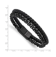 Chisel Stainless Steel Black Ip-plated Chain Black Leather Bracelet