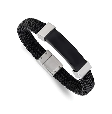 Chisel Stainless Steel Black Ip-plated Black Braided Leather Bracelet