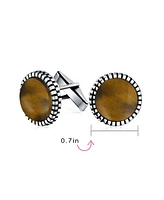 Bling Jewelry Classic Formal Geometric Blackened Pattern Edge Round Circle Natural Golden Brown Tiger Eye Shirt Cufflinks Bullet Hinge .925 Sterling S