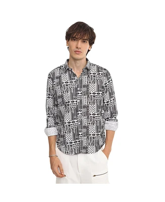 Campus Sutra Men's Off-White & Midnight Black Abstract Geometric Shirt