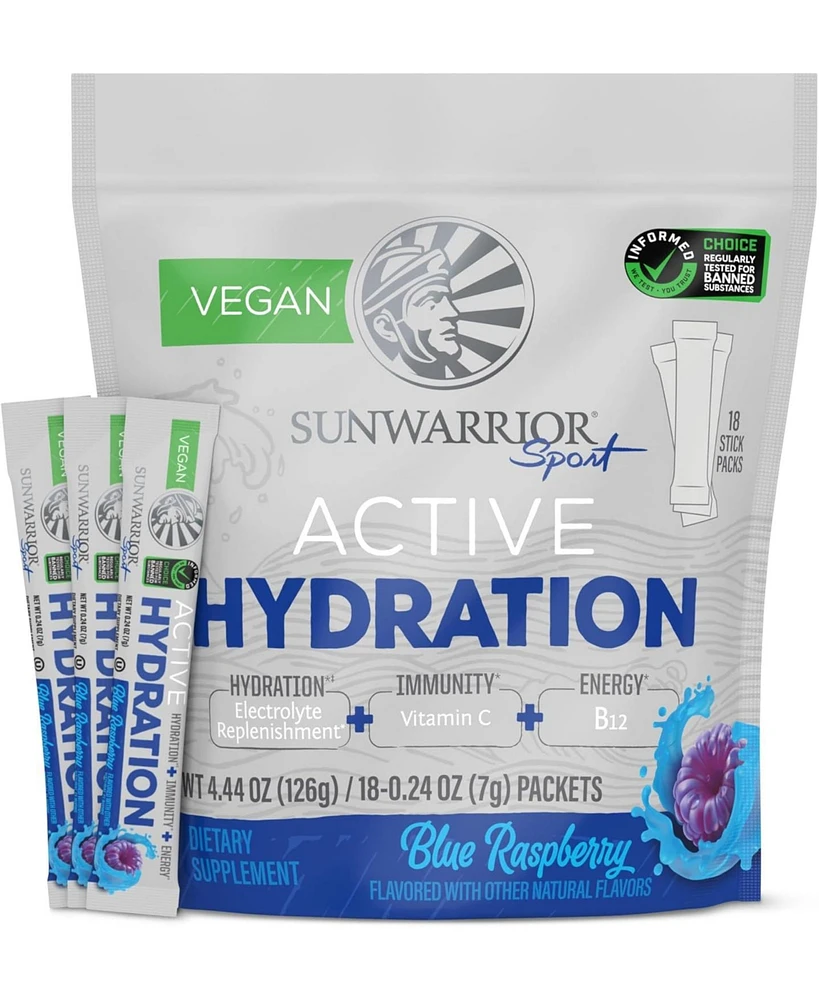 Sunwarrior Active Hydration Blue Raspberry Powder, Sugar Free B12 Elderberry and Electrolytes Water Enhancer, Sunwarrior, 18 stick packs 126g pouch