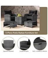 Costway 5 Piece Patio Rattan Furniture with 2 Ottomans & Tempered Glass Coffee Table