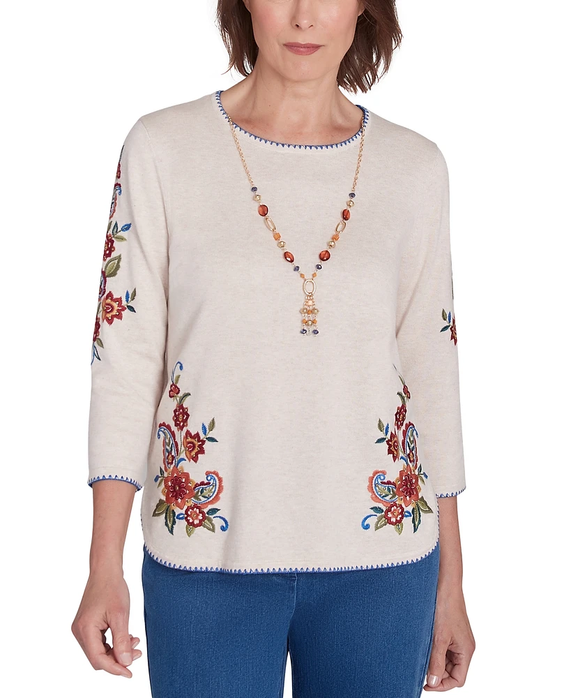 Alfred Dunner Petite Harvest Moon Paisley Floral Sweater With Necklace