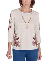 Alfred Dunner Petite Harvest Moon Paisley Floral Sweater With Necklace