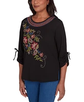 Alfred Dunner Petite Harvest Moon Floral Embroidered-Detail Crewneck Drawstring-Sleeve Top