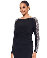 Betsy & Adam Women's Beaded-Sleeve Ruched Gown