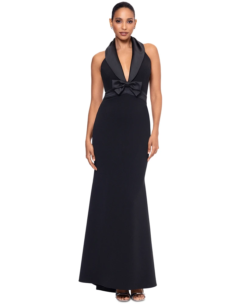 Betsy & Adam Women's Bow-Trim Shawl-Collar Gown