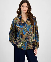 T Tahari Women's Printed Satin Button Pleated-Sleeve Blouse