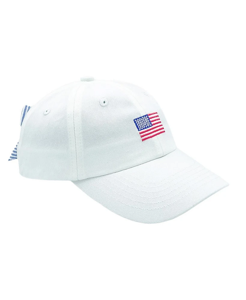 Bits & Bows Girls American Flag Bow Baseball Hat in White