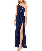 Blondie Nites Juniors' Sequined Lace One-Shoulder Gown