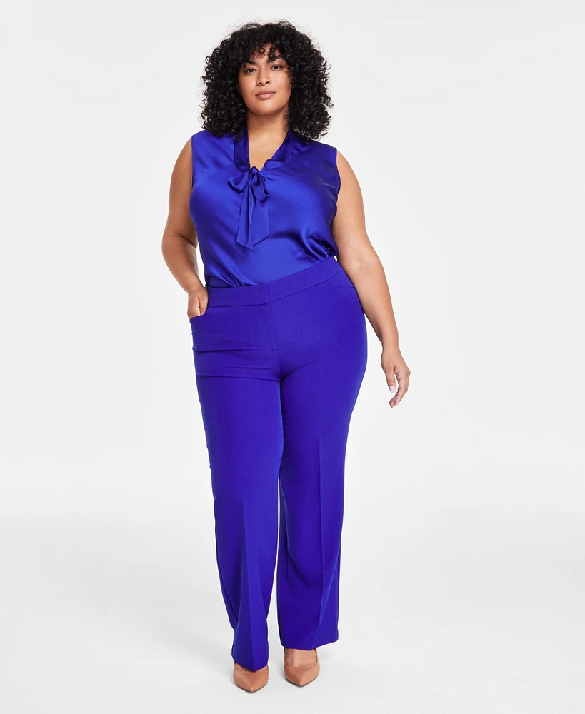 Kasper Plus Size Stretch Crepe Fly-Front Straight-Leg Pants