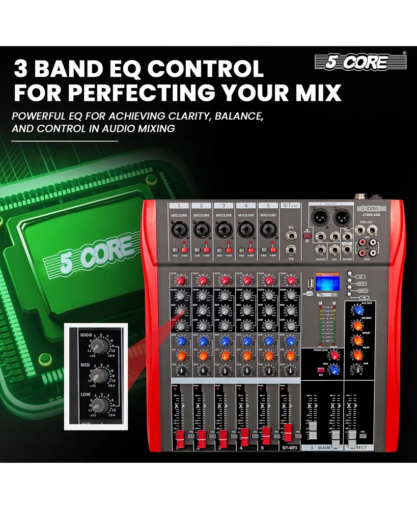 5 Core Audio Dj Mixer 6 Channel Professional Stereo Sound Board w Bluetooth • Usb 48V Phantom Power - Mx 6CHBRAND