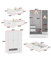 Famapy 3-Door Bedroom Armoire Wardrobe Closet Cabinet with Hanging Rod, Drawers