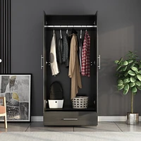 Famapy White 2-Door Wardrobe Armoire with 1-Drawers and Hanging Rod