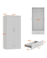 Famapy White 2-Door Wardrobe Armoire with 1-Drawers and Hanging Rod