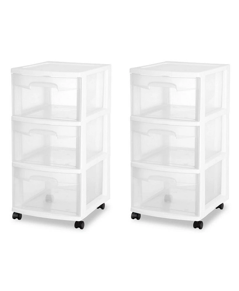 Sterilite 3 Drawer Storage Cart, Plastic Rolling Organizer with Wheels, 2 Pack