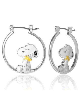 Peanuts Snoopy Hugging Woodstock Enamel Hoop Earrings - Cute Cartoon Character Jewelry