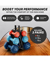HolaHatha 5, 10, and 15 Pound Neoprene Dumbbell Weight Set with Storage Rack