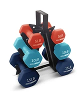 HolaHatha 5, 10, and 15 Pound Neoprene Dumbbell Weight Set with Storage Rack