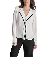 Dkny Women's V-Neck Contrast-Trim Long-Sleeve Blouse