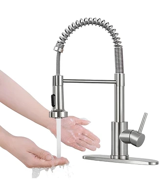 Skonyon Commercial Single Handle Kitchen Sink Faucet with Pull Down Sprayer and Deck Plate, Brushed Nickel Stainless Steel Sink Faucets 1 or 3 Hole