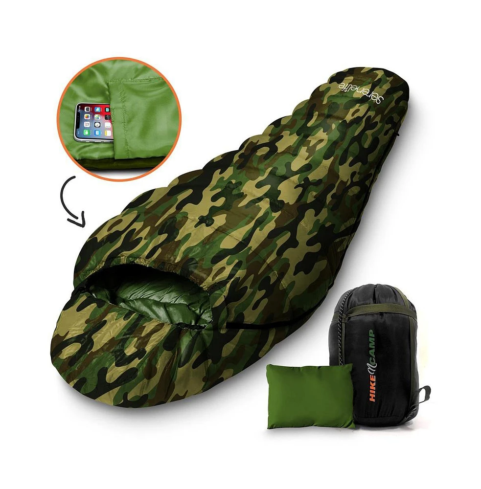 SereneLife Mummy Sleeping Bag With Travel Pillow and Compression Sack (Camouflage)