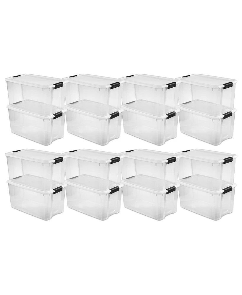 Sterilite 70 Qt Clear Plastic Stackable Storage Bin w/ White Latch Lid, 16 Pack