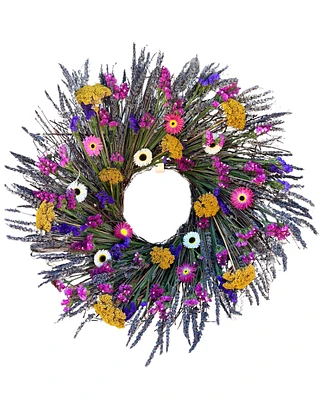 GreenishBlu Real Preserved Wreath Long Lasting, Colorful Dried Paper Daisy, Yellow Yarrow and Dried Lavender, 22"