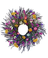 GreenishBlu Real Preserved Wreath Long Lasting, Colorful Dried Paper Daisy, Yellow Yarrow and Dried Lavender, 22"