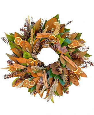 GreenishBlu Real Wreath Fresh Magnolia, Preserved Baby Blue Eucalyptus, Dried Sorgum, Real Cinnamon and Dehydrated Orange Slices, 22"