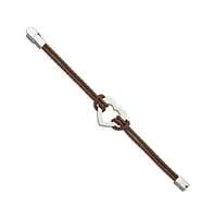 Chisel Stainless Steel Polished Heart Brown Braided Leather Bracelet