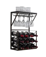 Kings Brand Furniture 12 Bottles Countertop Wine Rack Stand with Glass Holder, Wine Storage Cabinet Shelf, Pewter/Marble