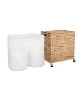 Seville Classics Double Handwoven Lidded Rolling Laundry Hamper with Gold Sphere Casters