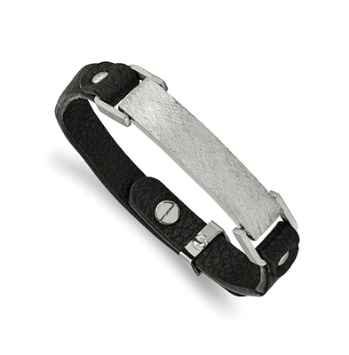 Chisel Stainless Steel Scratch Finish Black Leather Id Bracelet