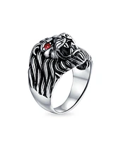 Bling Jewelry Red Crystal Eyes Roaring King Of Jungle Lion Ring Solid Oxidized .925 Sterling Silver