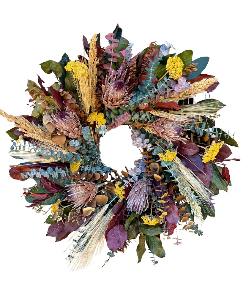 GreenishBlu Real Preserved Wreath Salal Brown, Red, Wheat, Sorghum, Dried Pink Ice Protea Flower, Baby Blue Eucalyptus and Yellow Yarrow, 22"