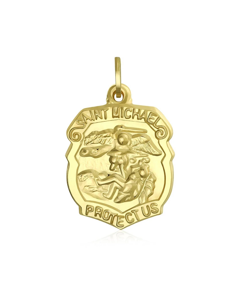 Bling Jewelry Yellow Real 14K Gold Archangel Religious Metal Protection Medallion Police Shield Saint Michael Pendant Necklace For Women No Chain