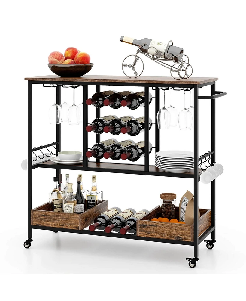 Costway 3 Tiers Bar Cart Home Serving on Wheels with Glass Racks Wine Holders