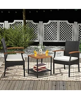 Costway 2PCS Patio Pe Wicker Chairs Acacia Wood Armrests with Soft Zippered Cushion Balcony