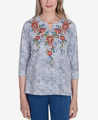 Alfred Dunner Petite Harvest Moon Textured Floral Embroidered Split Neck Top