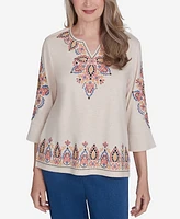 Alfred Dunner Petite Harvest Moon Medallion Embroidered Flutter Sleeve Top