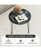 Gymax Small Round Coffee Table w/ Thickened Tabletop & Metal Tripod Legs Faux Marble Black
