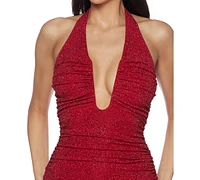 B Darlin Juniors' Glitter-Knit Plunge-Neck Ruched Gown