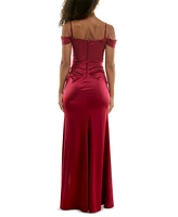 B Darlin Juniors' Cowl-Neck High-Slit Boned-Bodice Gown, Created for Macy's