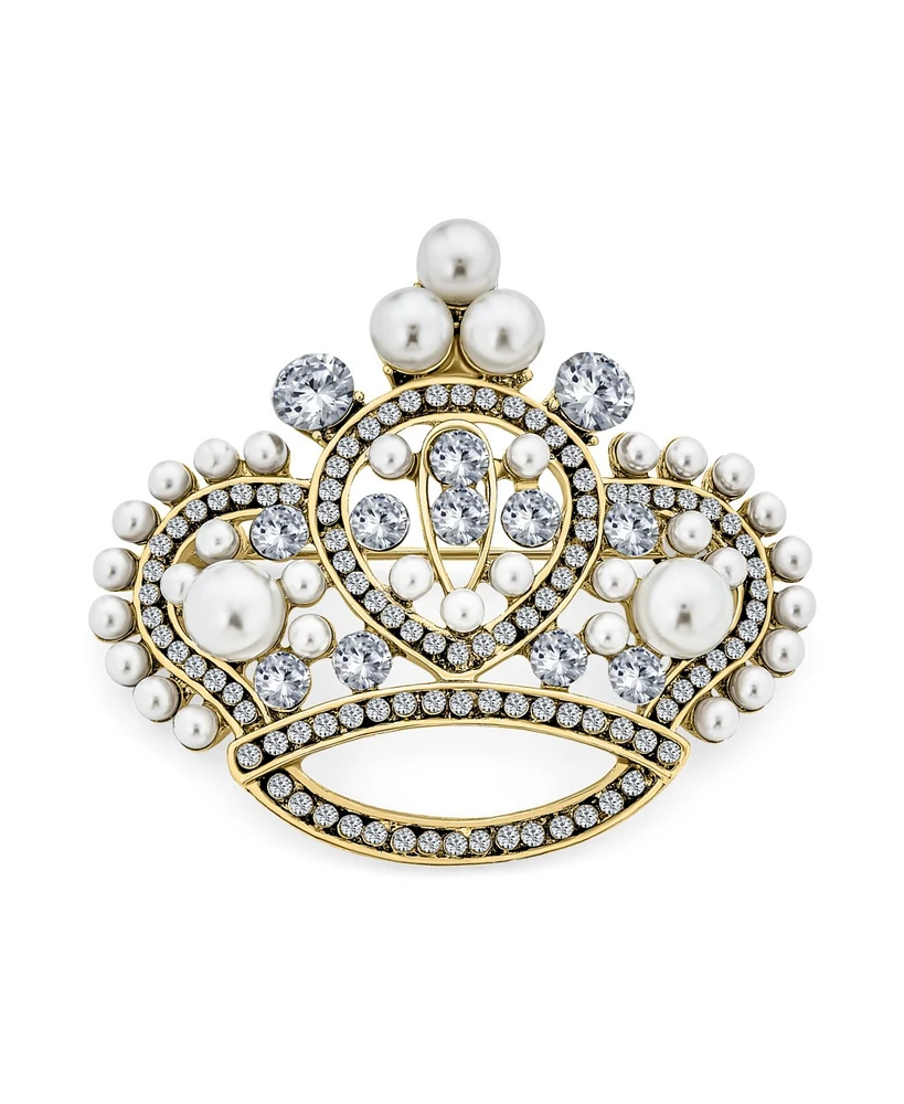 Bling Jewelry Large Fashion Crystal White Simulated Pearl Queen Crown Brooch Pin