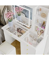 Homsee White Wood Makeup Vanity Set Dressing Desk with Glass Top